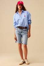 Blue Striped Shirt with Red Heart Embroidery