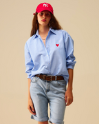 Blue Striped Shirt with Red Heart Embroidery