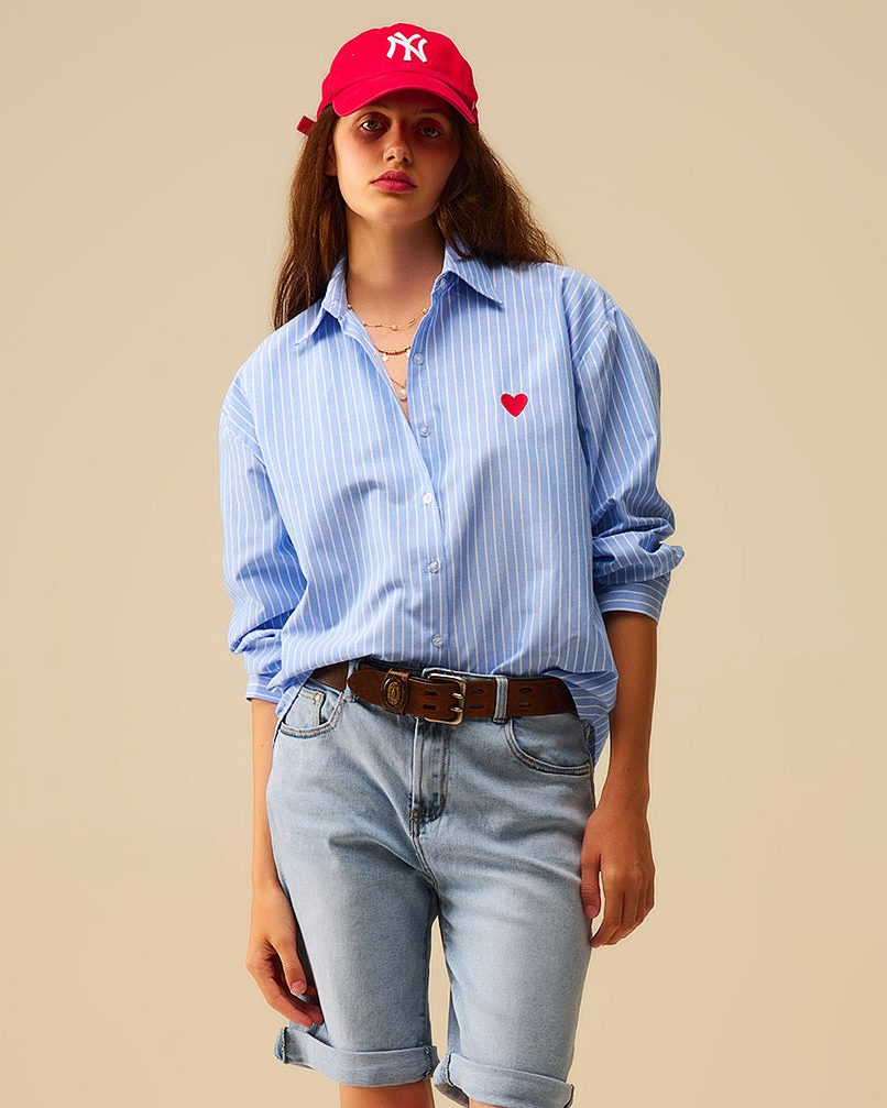 Blue Striped Shirt with Red Heart Embroidery