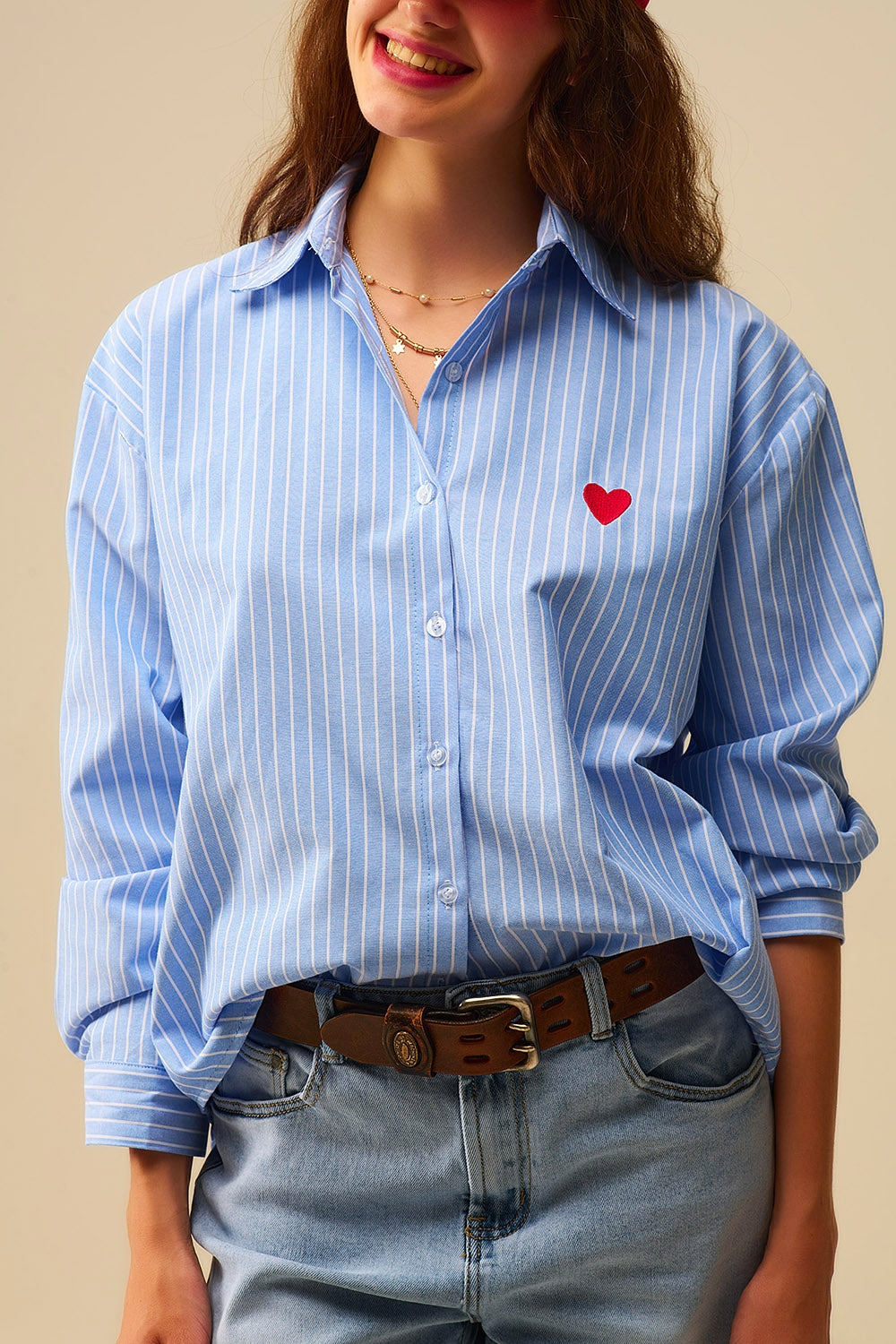 Blue Striped Shirt with Red Heart Embroidery
