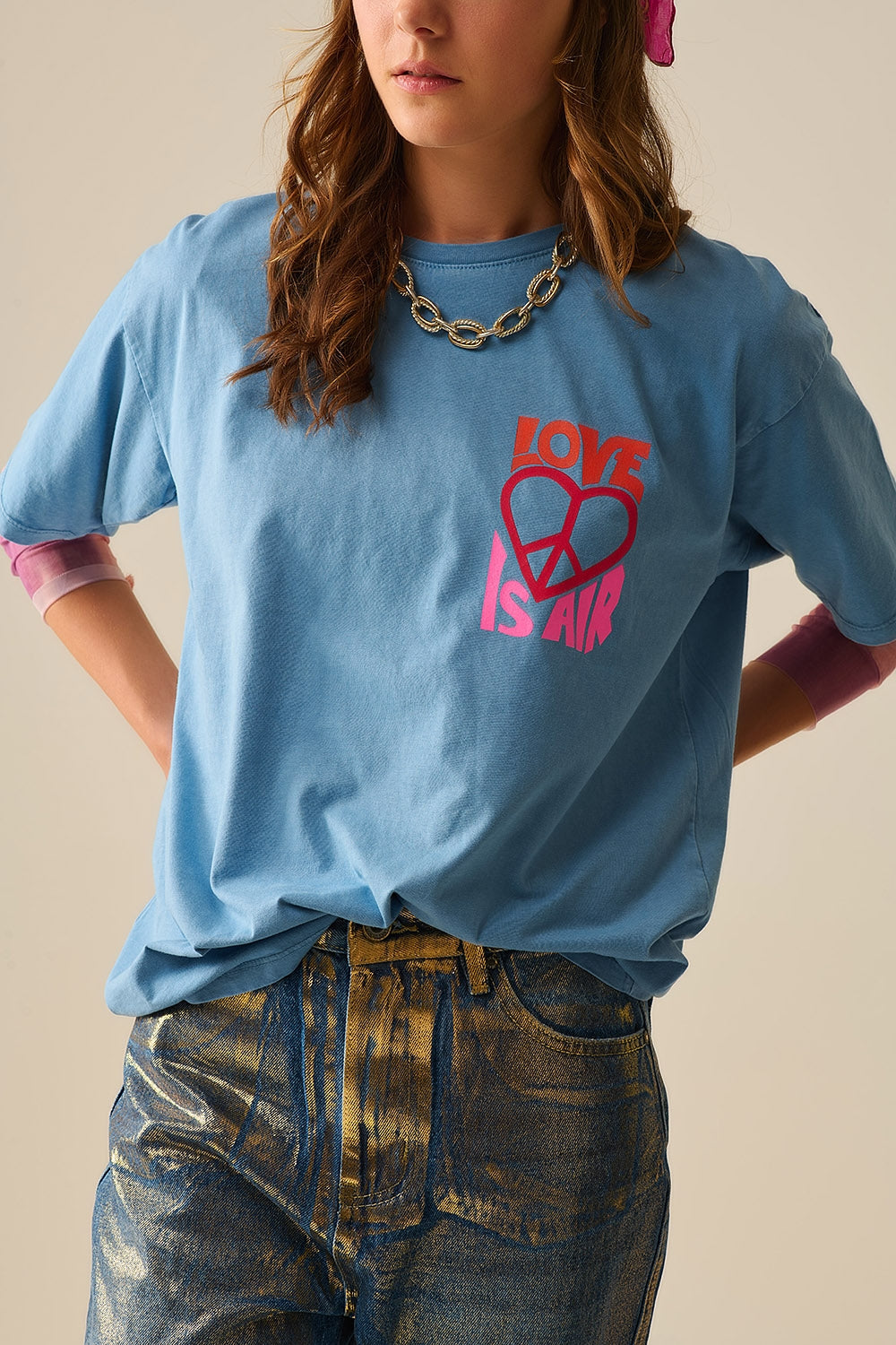 Blue T-Shirt with Love Is Air and Heart with Peace Logo