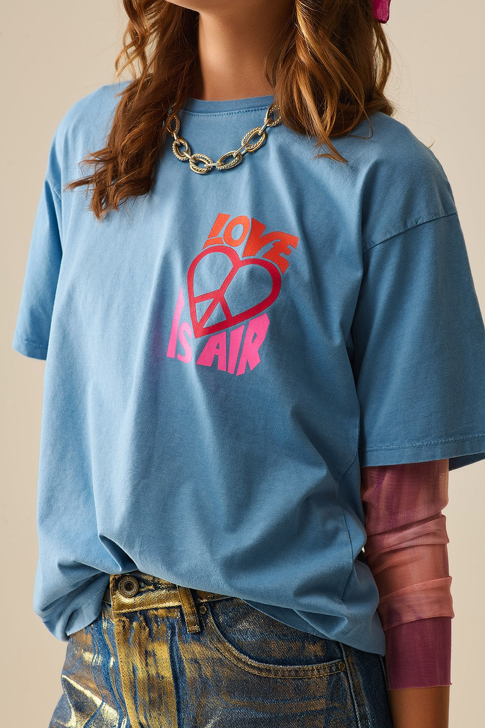 Blue T-Shirt with Love Is Air and Heart with Peace Logo