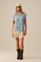 Blue Sweater with Soft Open Knit and Dropped Sleeves