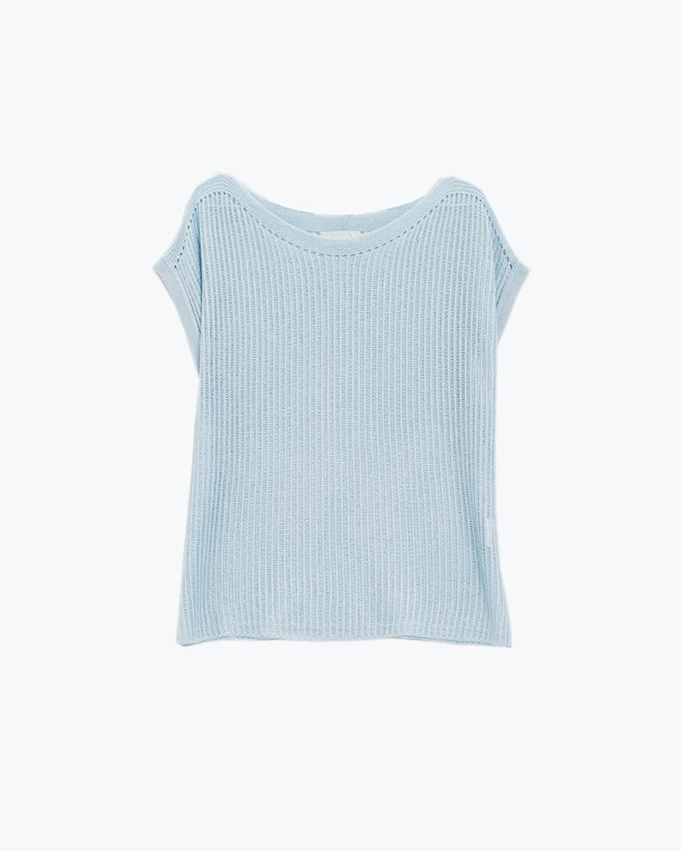 Boat Neck Ribbed Sweater with Cap Sleeves in Blue