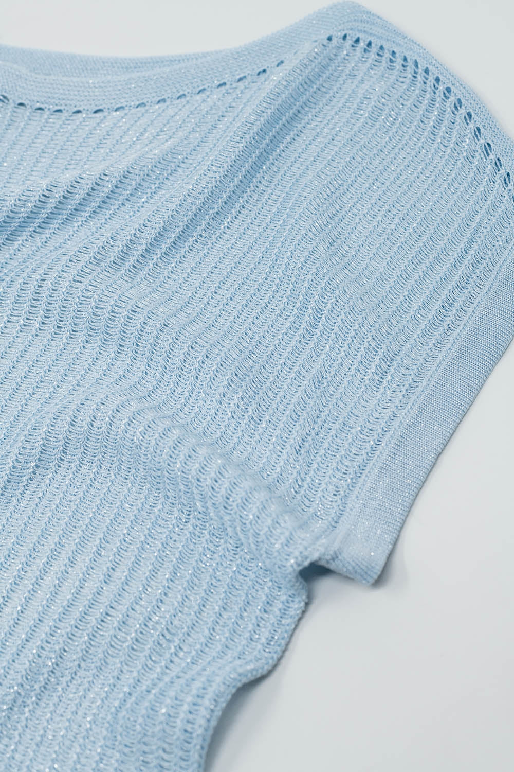 Boat Neck Ribbed Sweater with Cap Sleeves in Blue
