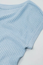 Boat Neck Ribbed Sweater with Cap Sleeves in Blue