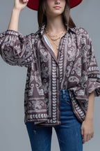 Brown Paisley Shirt with Voluminous Sleeves