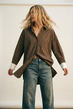 Brown Striped Long Sleeve Button-Up Shirt Dress