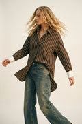 Brown Striped Long Sleeve Button-Up Shirt Dress