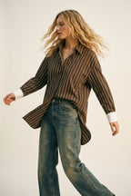 Brown Striped Long Sleeve Button-Up Shirt Dress