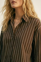 Brown Striped Long Sleeve Button-Up Shirt Dress