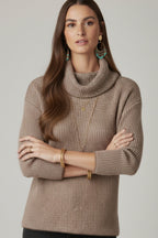 Brown Ribbed Knit Sweater with a Roll Neck