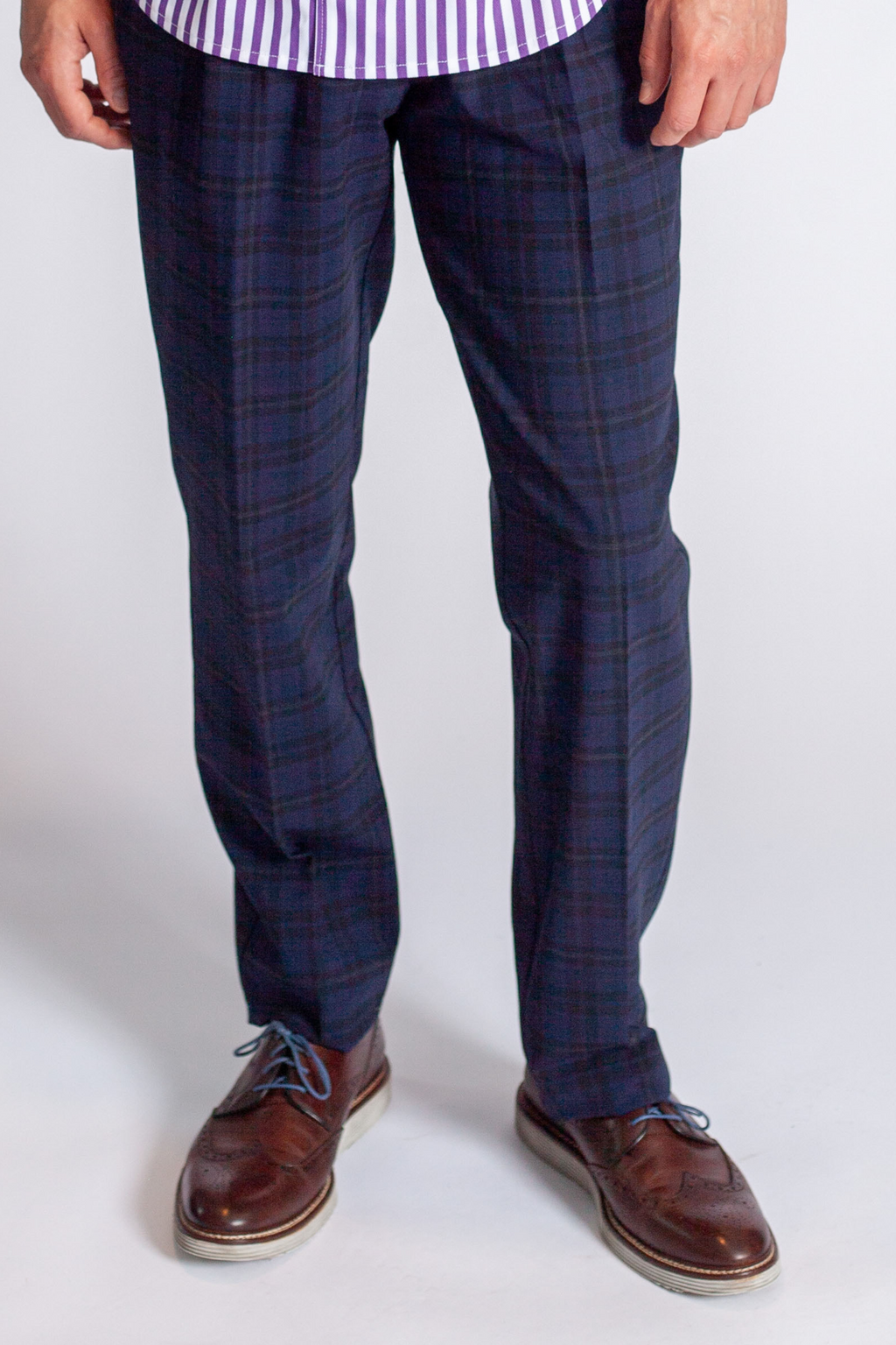 Pleated Wool Trouser Pants | Navy Plaid