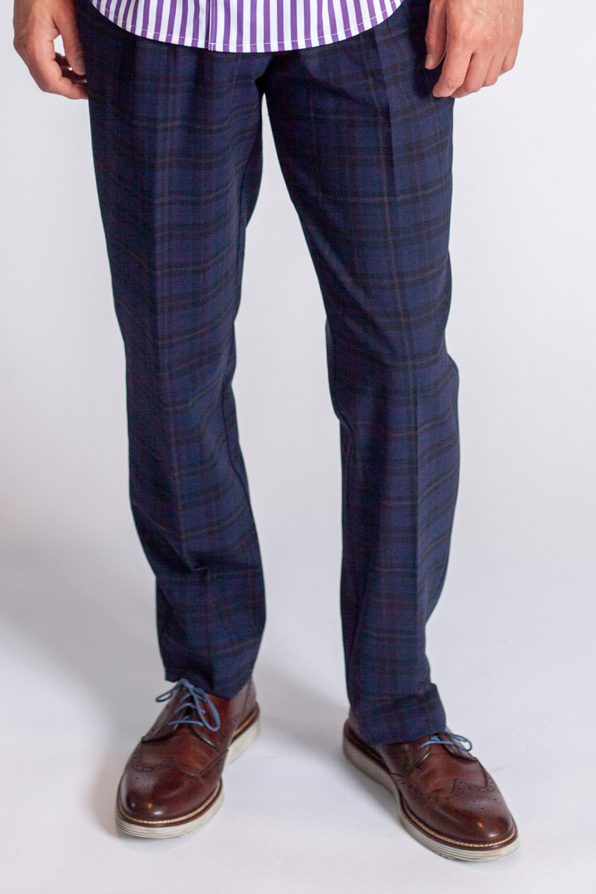 Pleated Wool Trouser Pants | Navy Plaid