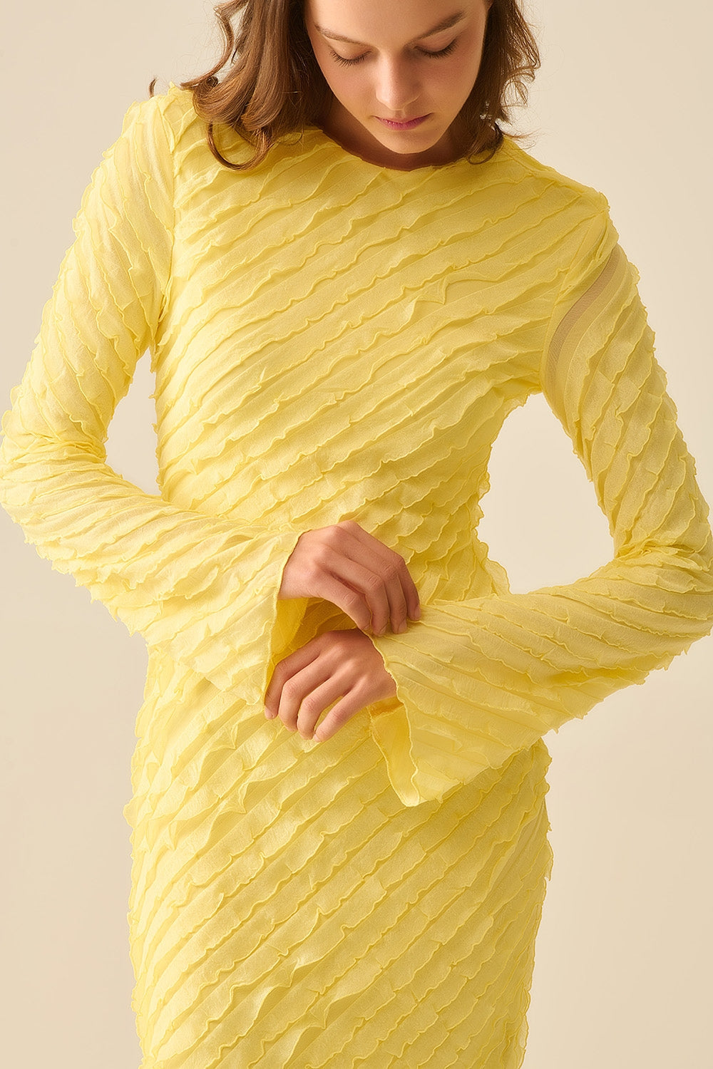 Butter Yellow Maxi Dress with Bias Mini Ruffle Design