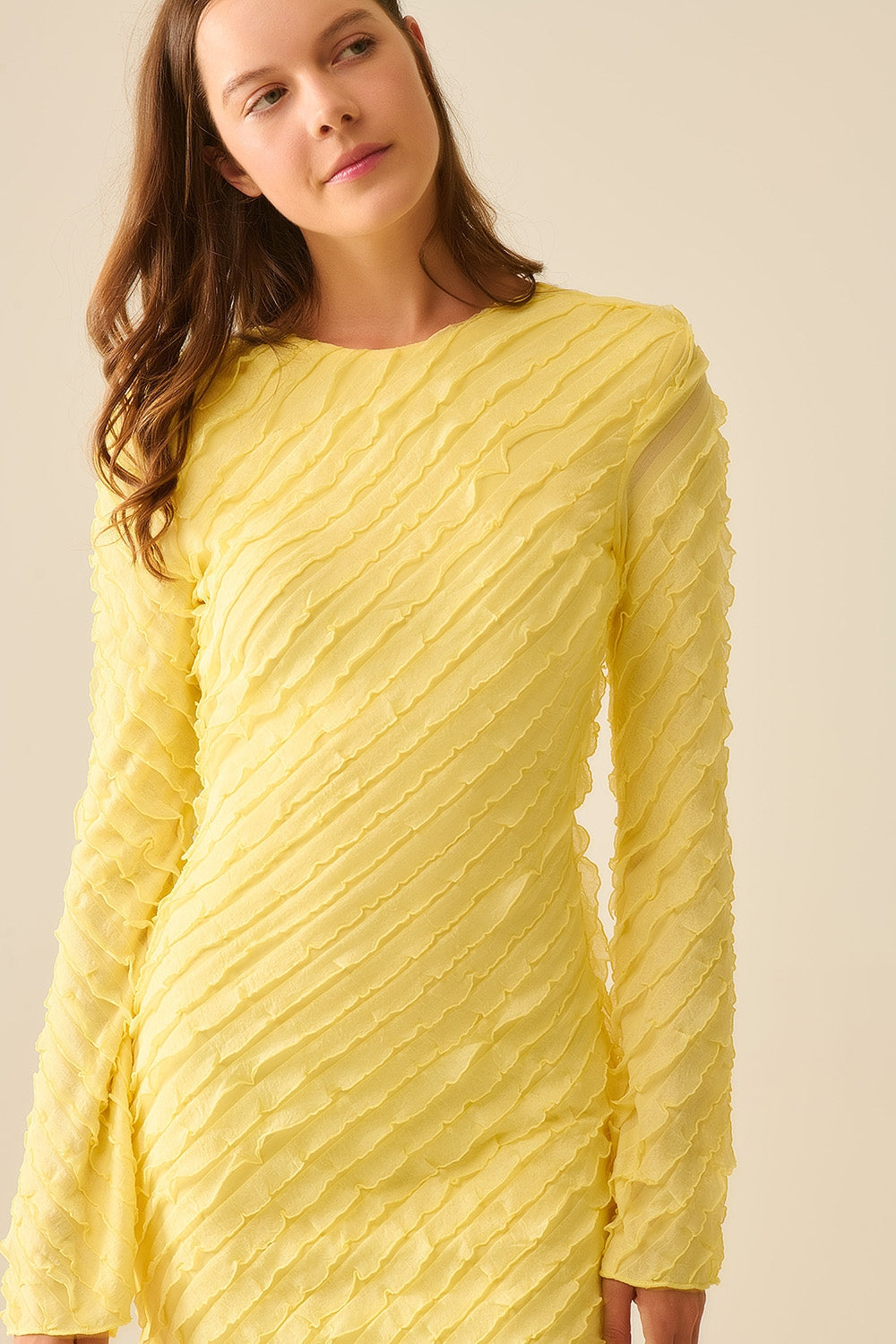 Butter Yellow Maxi Dress with Bias Mini Ruffle Design