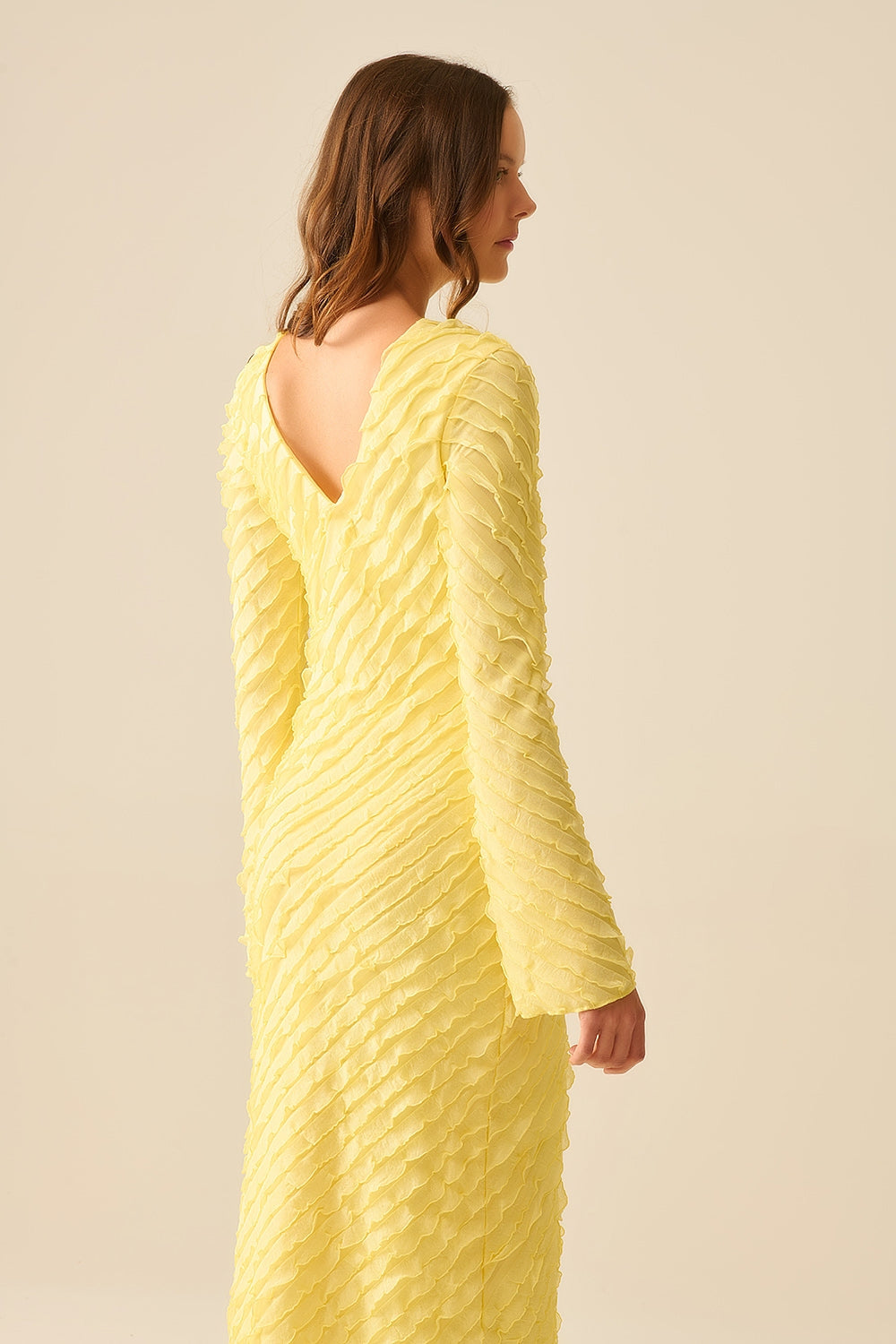 Butter Yellow Maxi Dress with Bias Mini Ruffle Design