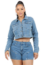 Denim Crop Jacket and Shorts Set