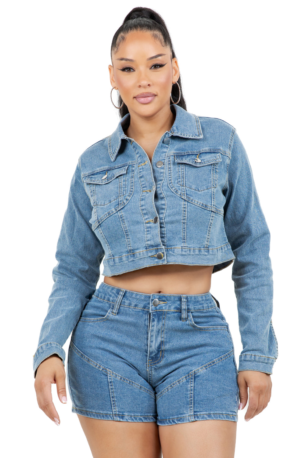 Denim Crop Jacket and Shorts Set