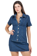 Short Sleeve Button Shirt and Mini Skirt Denim Set