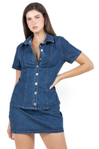Short Sleeve Button Shirt and Mini Skirt Denim Set