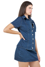 Short Sleeve Button Shirt and Mini Skirt Denim Set
