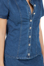 Short Sleeve Button Shirt and Mini Skirt Denim Set