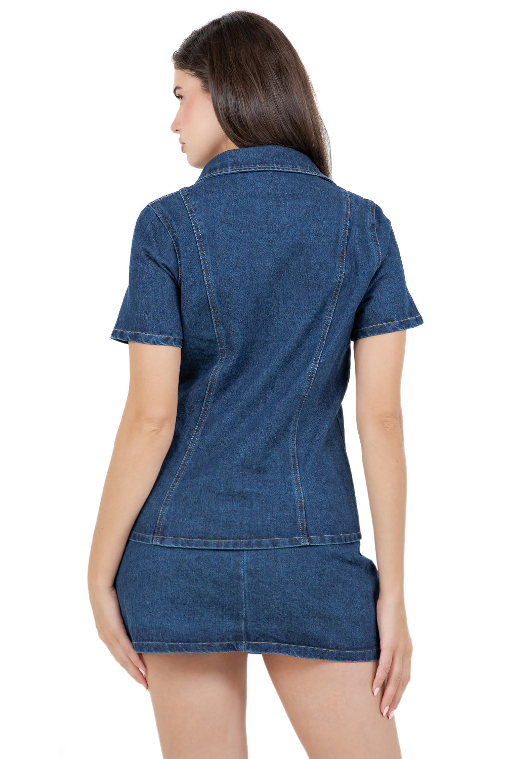 Short Sleeve Button Shirt and Mini Skirt Denim Set