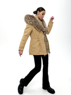 Genuine Silver Fur Trim Parka with Rabbit Fur Insulation Khaki