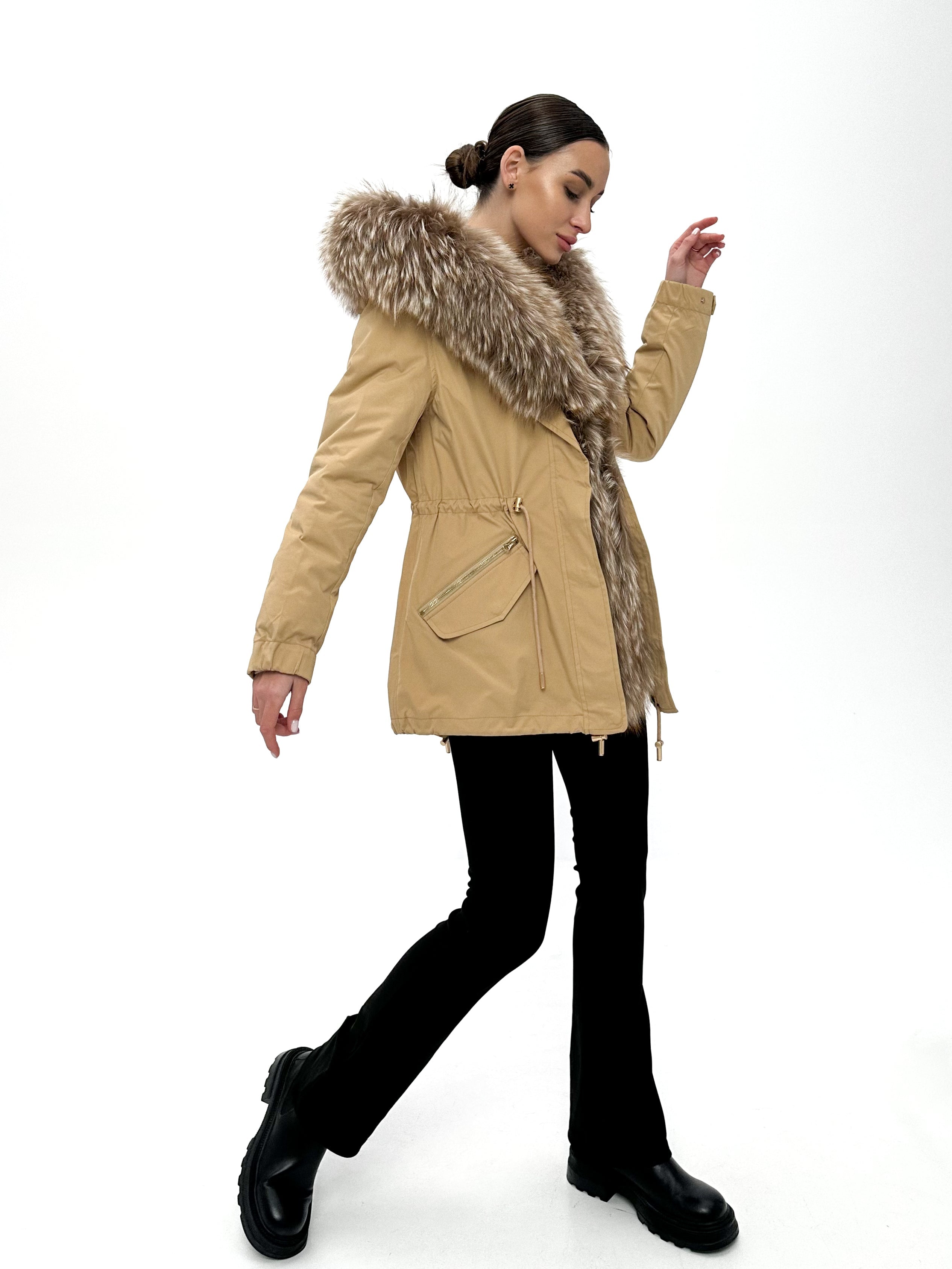 Genuine Silver Fur Trim Parka with Rabbit Fur Insulation Khaki
