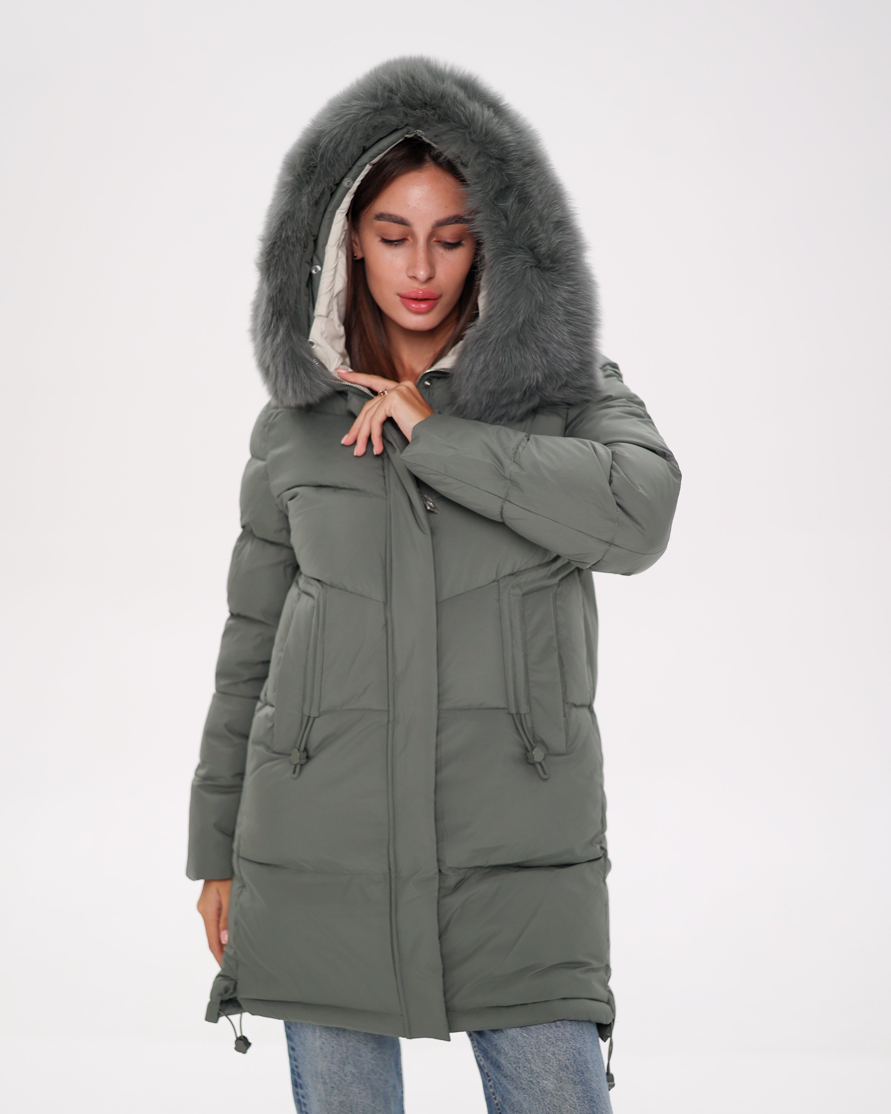 Genuine Polar Fox Trim Bio Down Coat | Sage