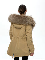 Genuine Silver Fur Trim Parka with Rabbit Fur Insulation Khaki