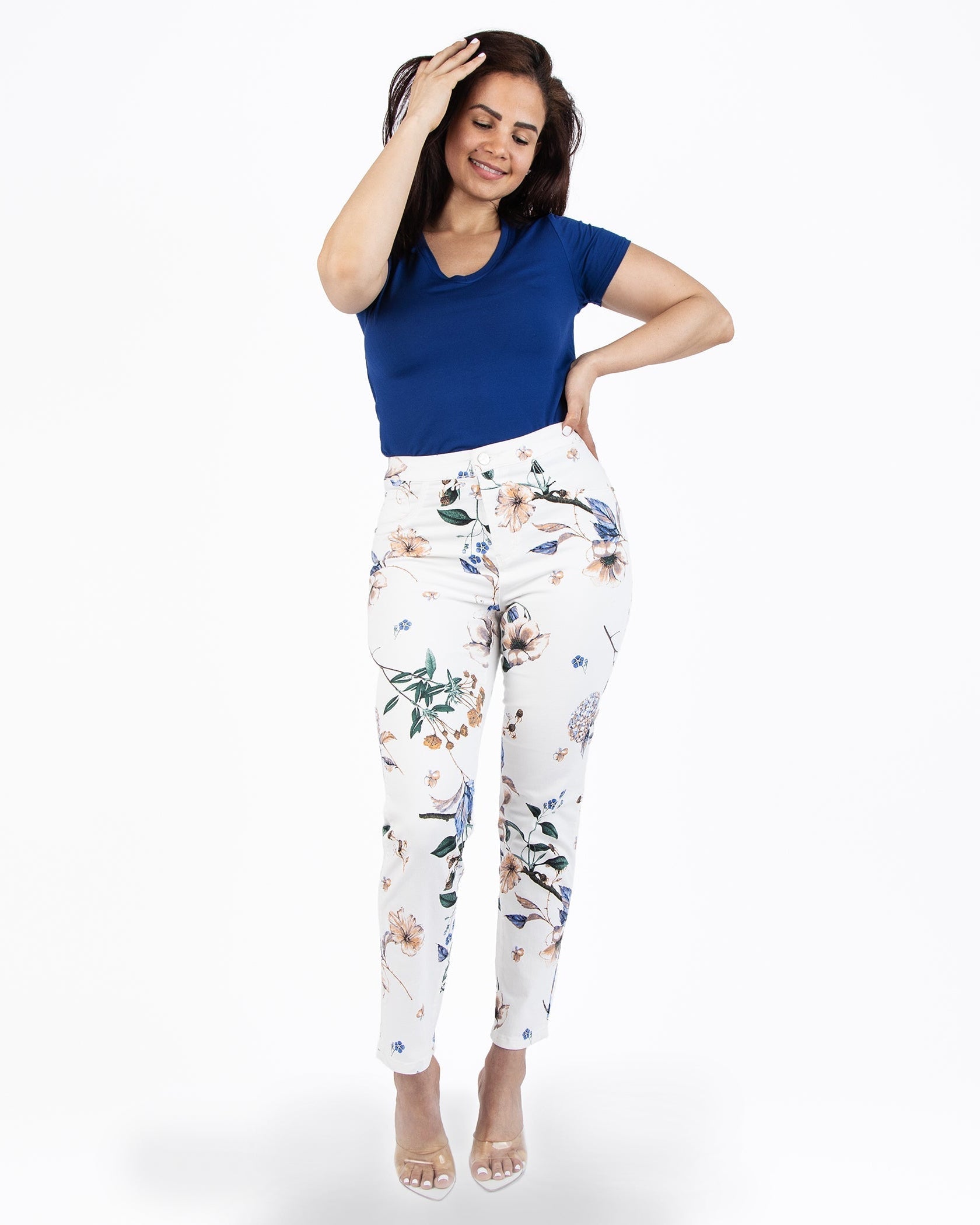 White and Purple Printed Capris Jeans