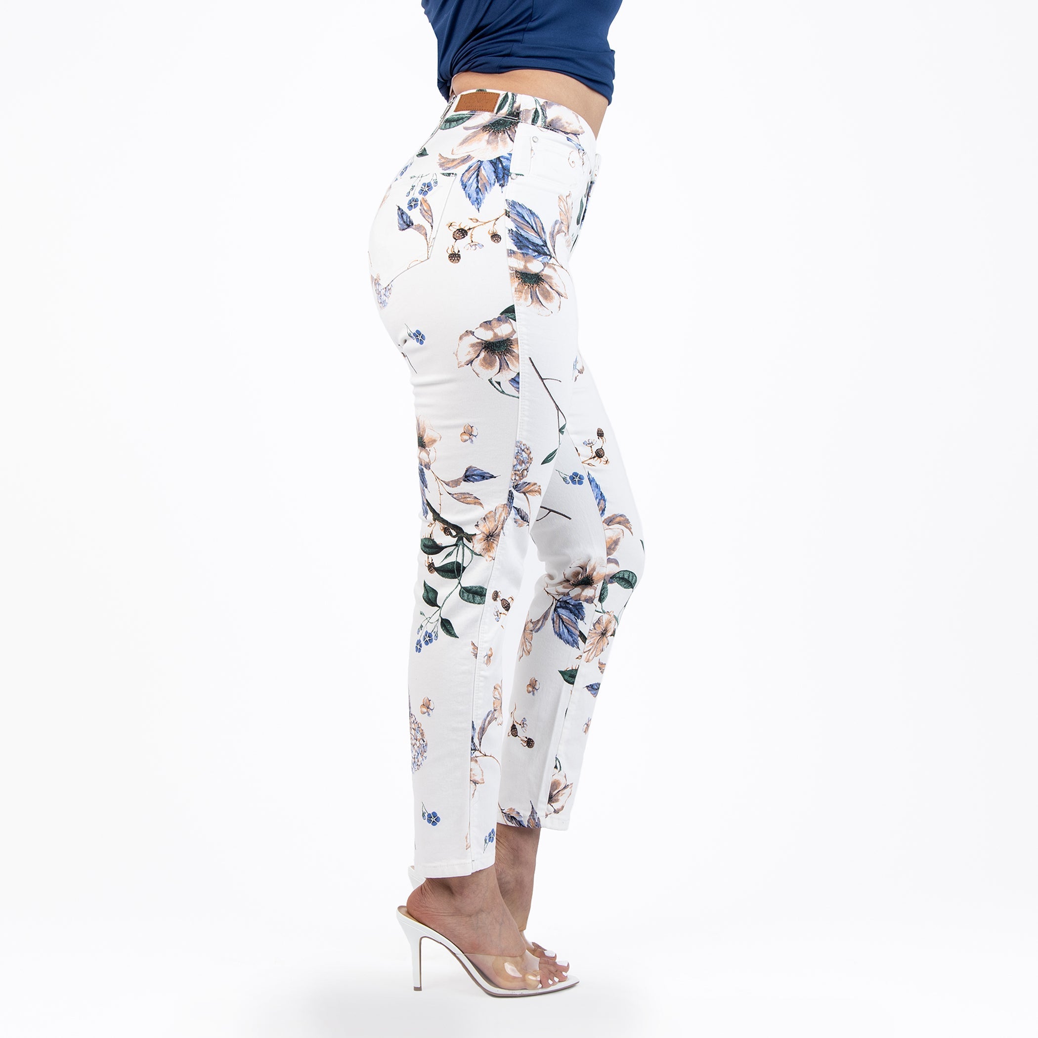 White and Purple Printed Capris Jeans