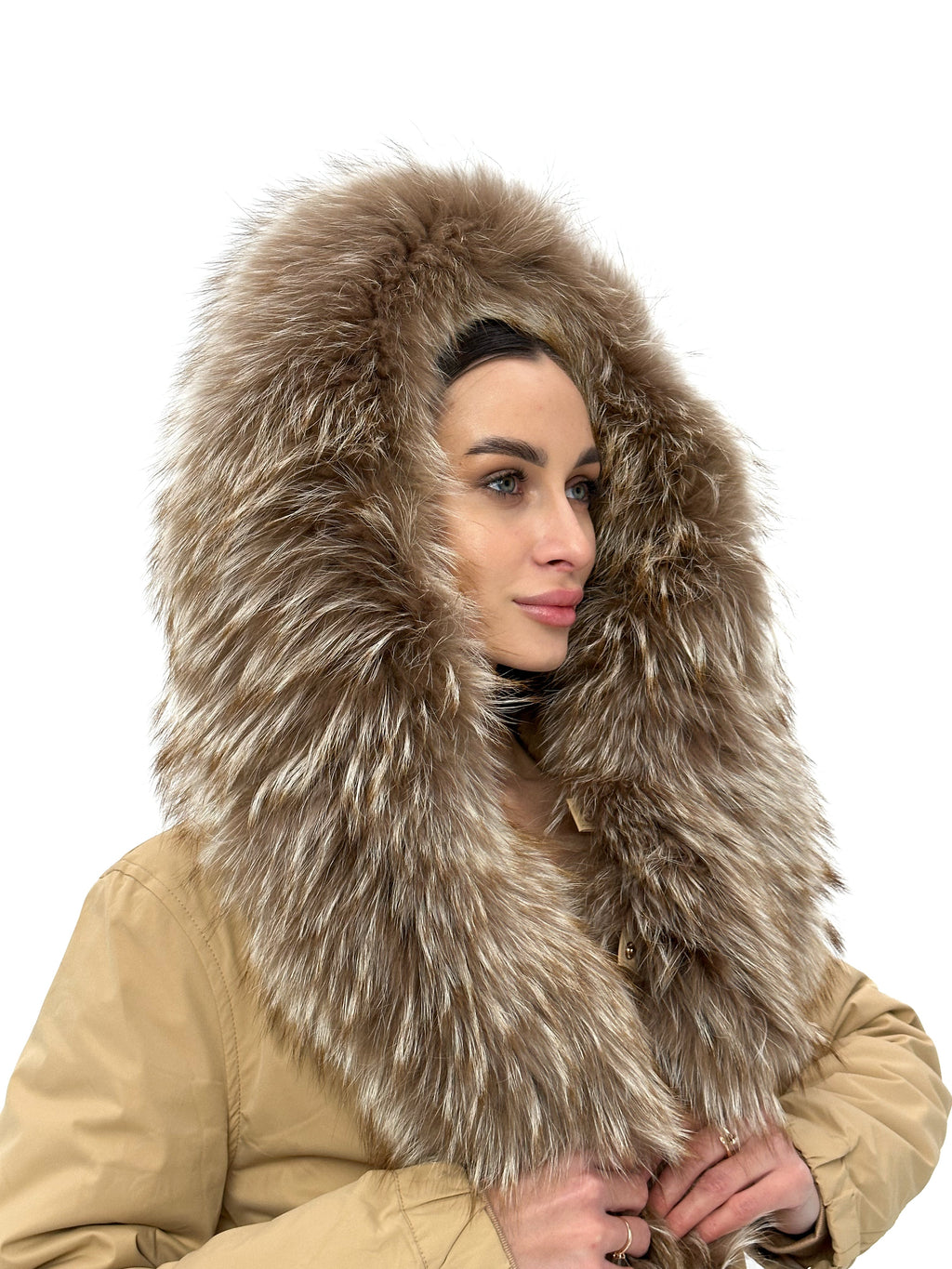 Genuine Silver Fur Trim Parka with Rabbit Fur Insulation Khaki