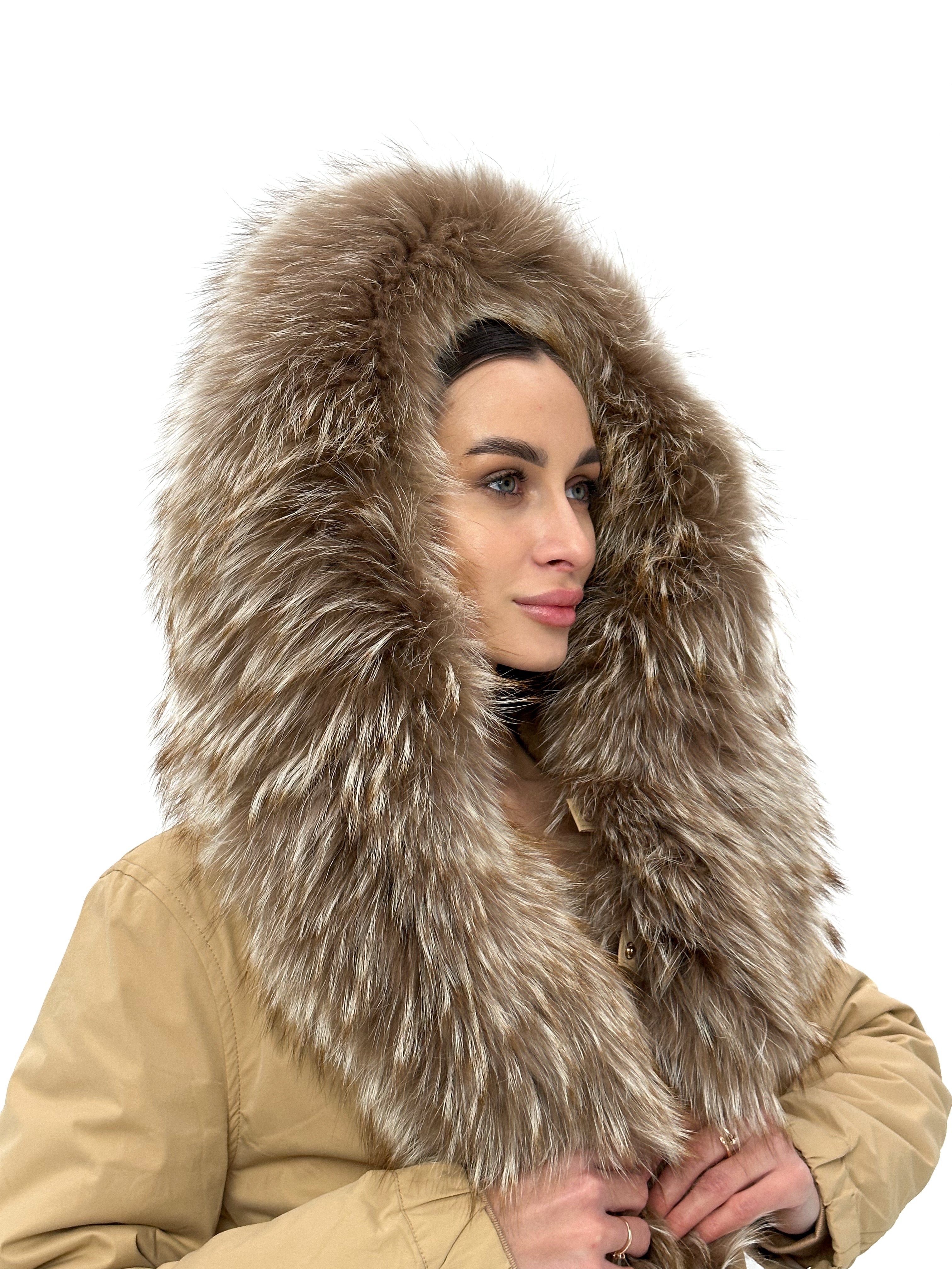Genuine Silver Fur Trim Parka with Rabbit Fur Insulation Khaki