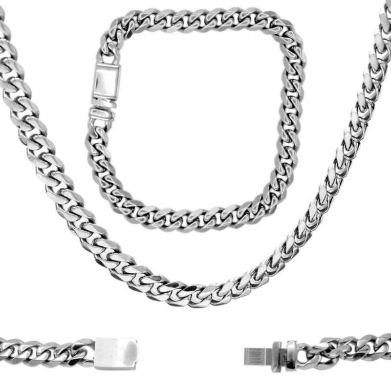 Miami Cuban Link Stainless Steel Necklace Bracelet Set