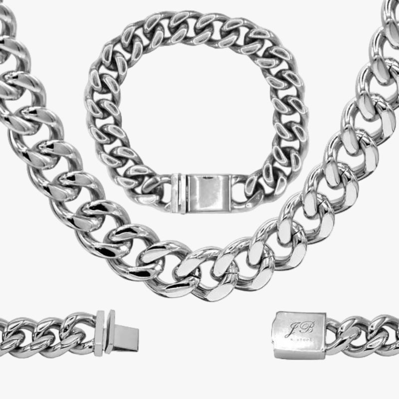 Miami Cuban Link Stainless Steel Necklace Bracelet Set