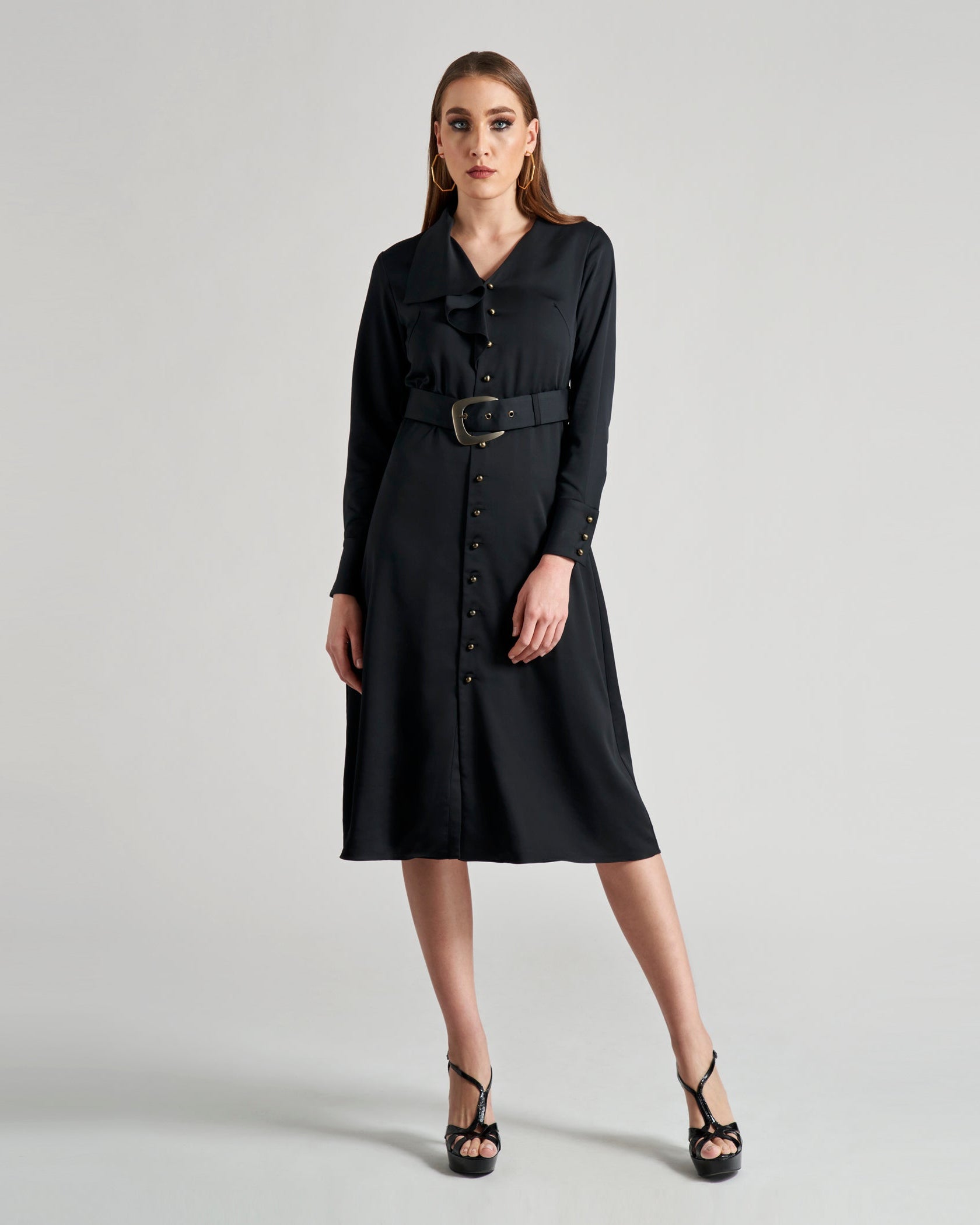 Asymmetric Flared Collar A-Line Midi Dress