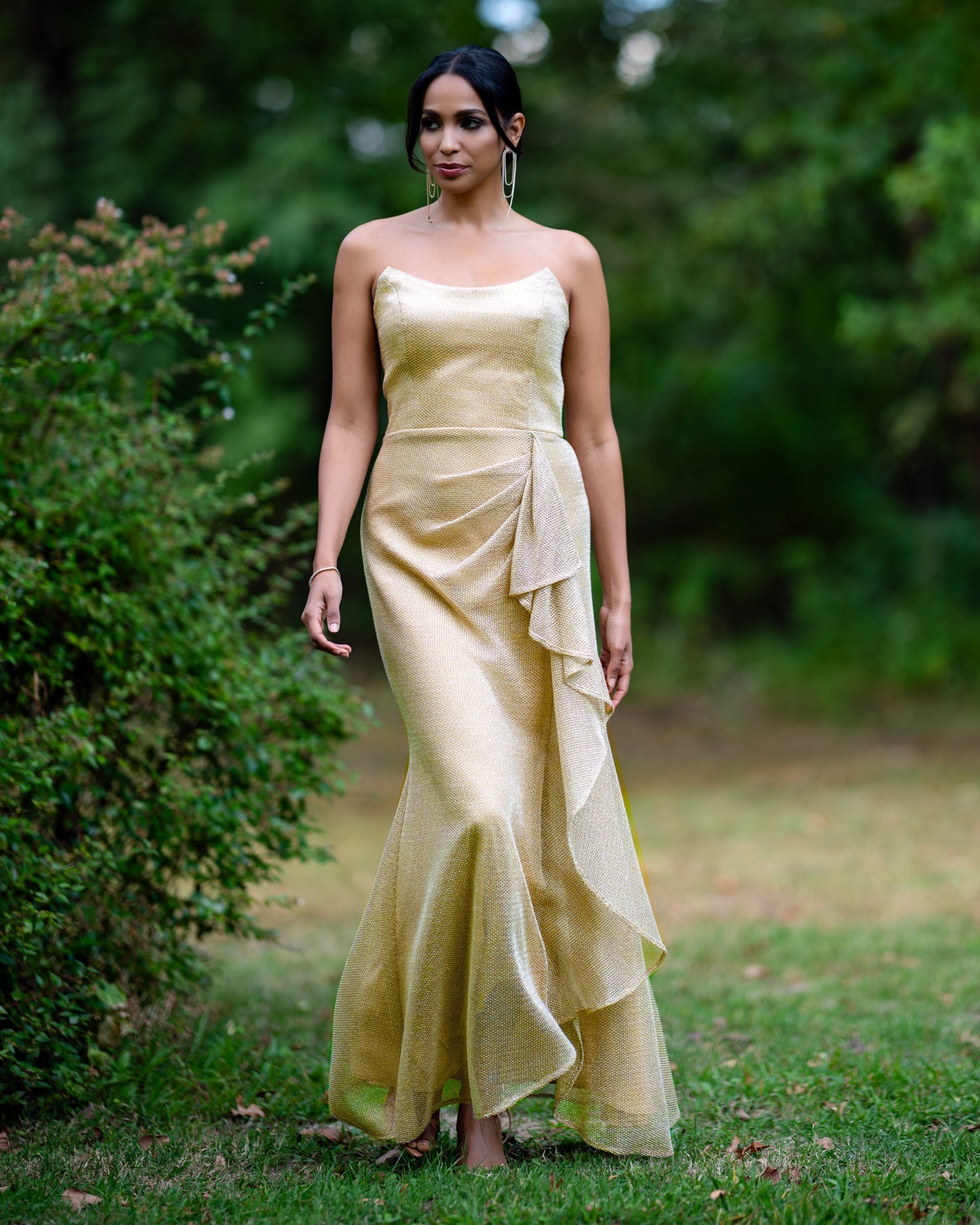 Strapples Draped Ruffle Gown