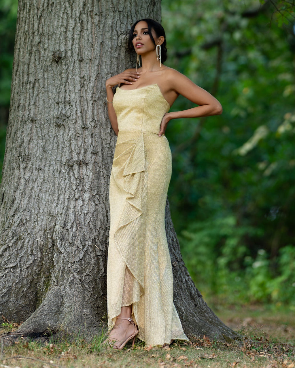 Strapples Draped Ruffle Gown