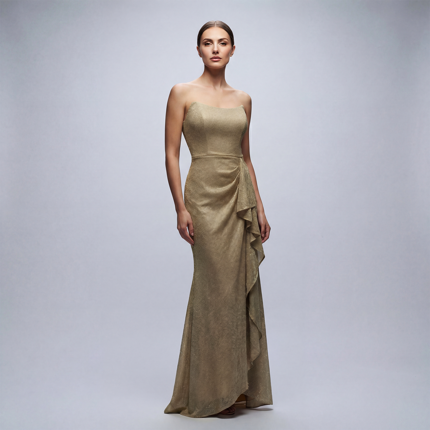 Strapples Draped Ruffle Gown