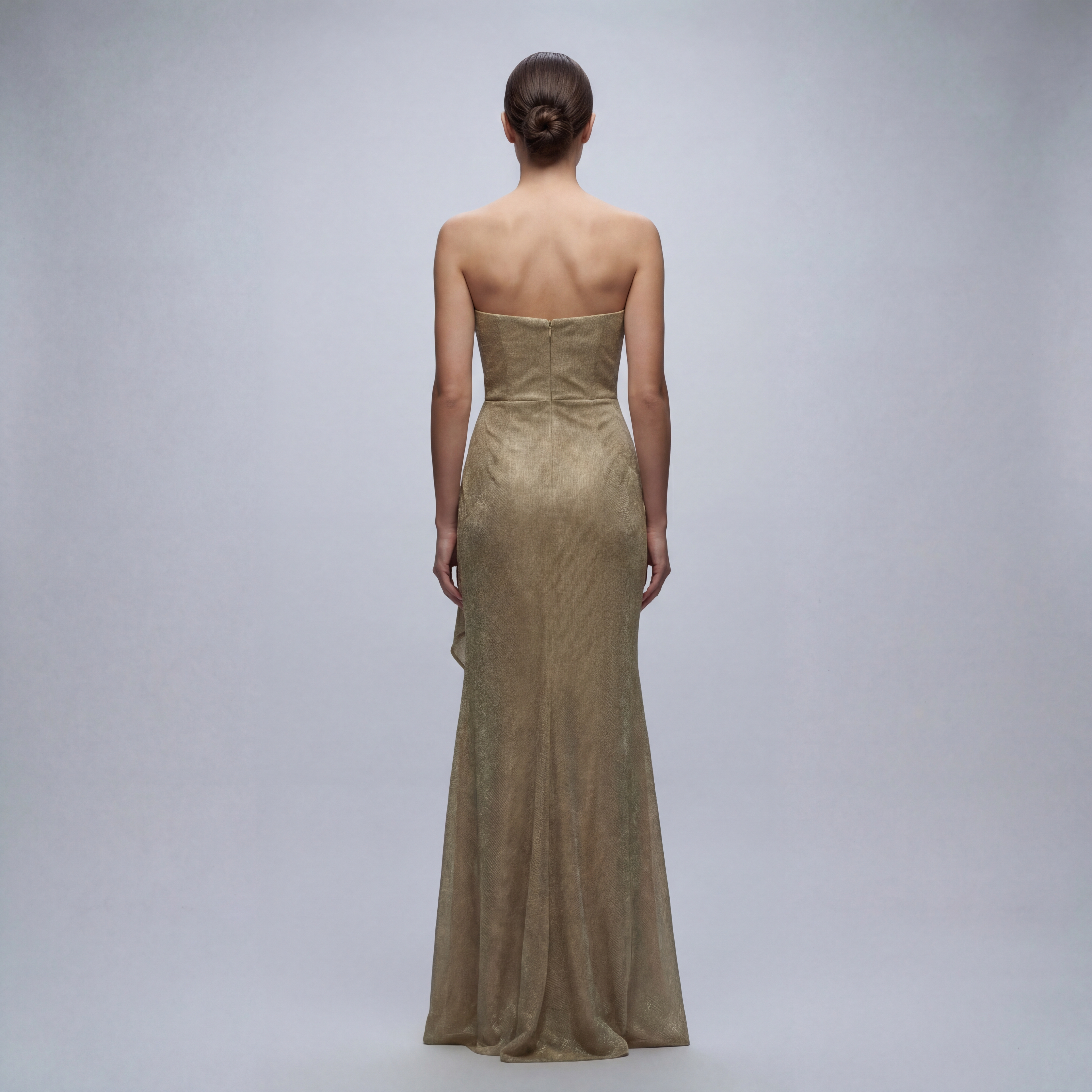 Strapples Draped Ruffle Gown