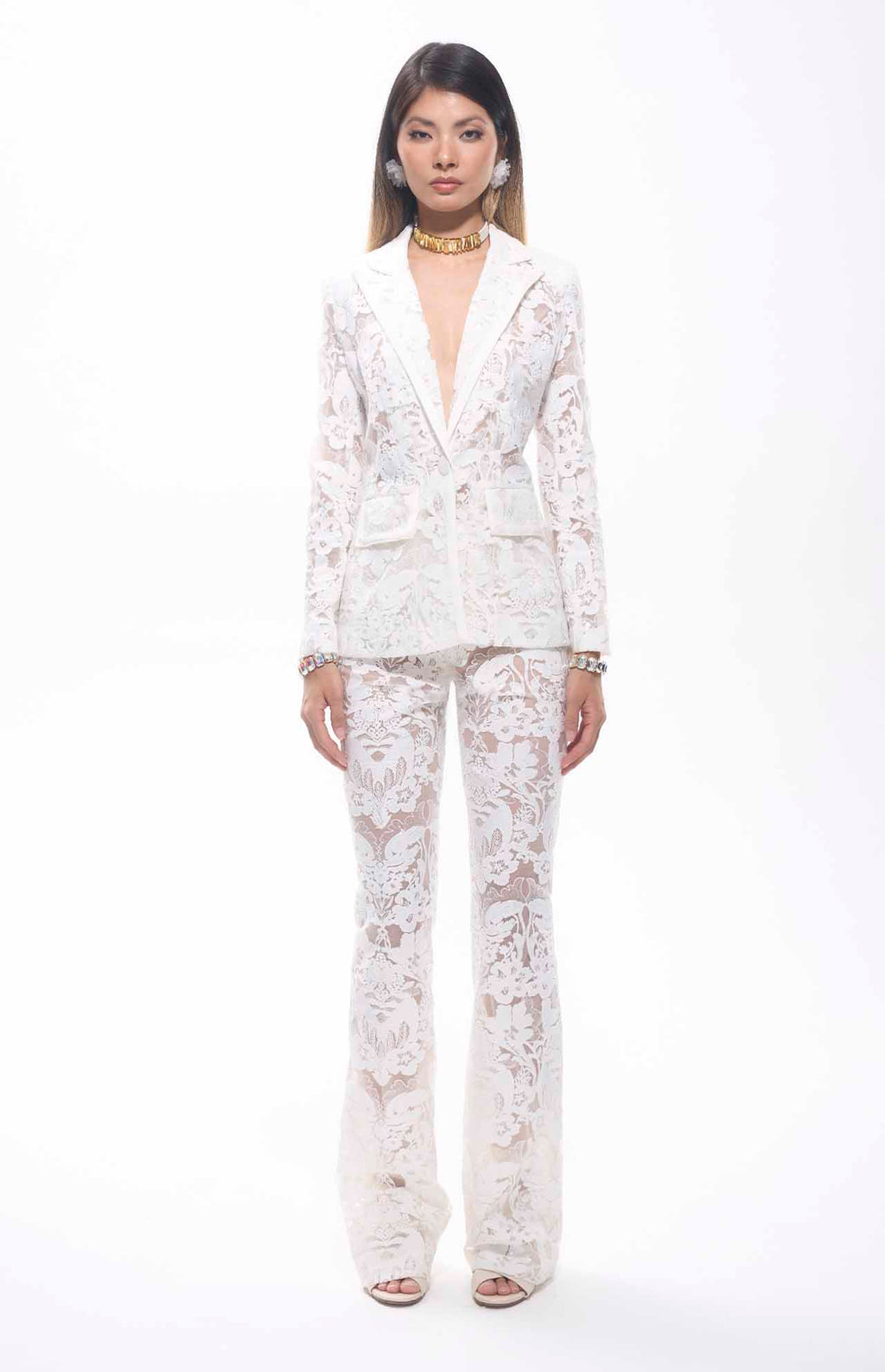 Carie Sequin Floral Lace Set White