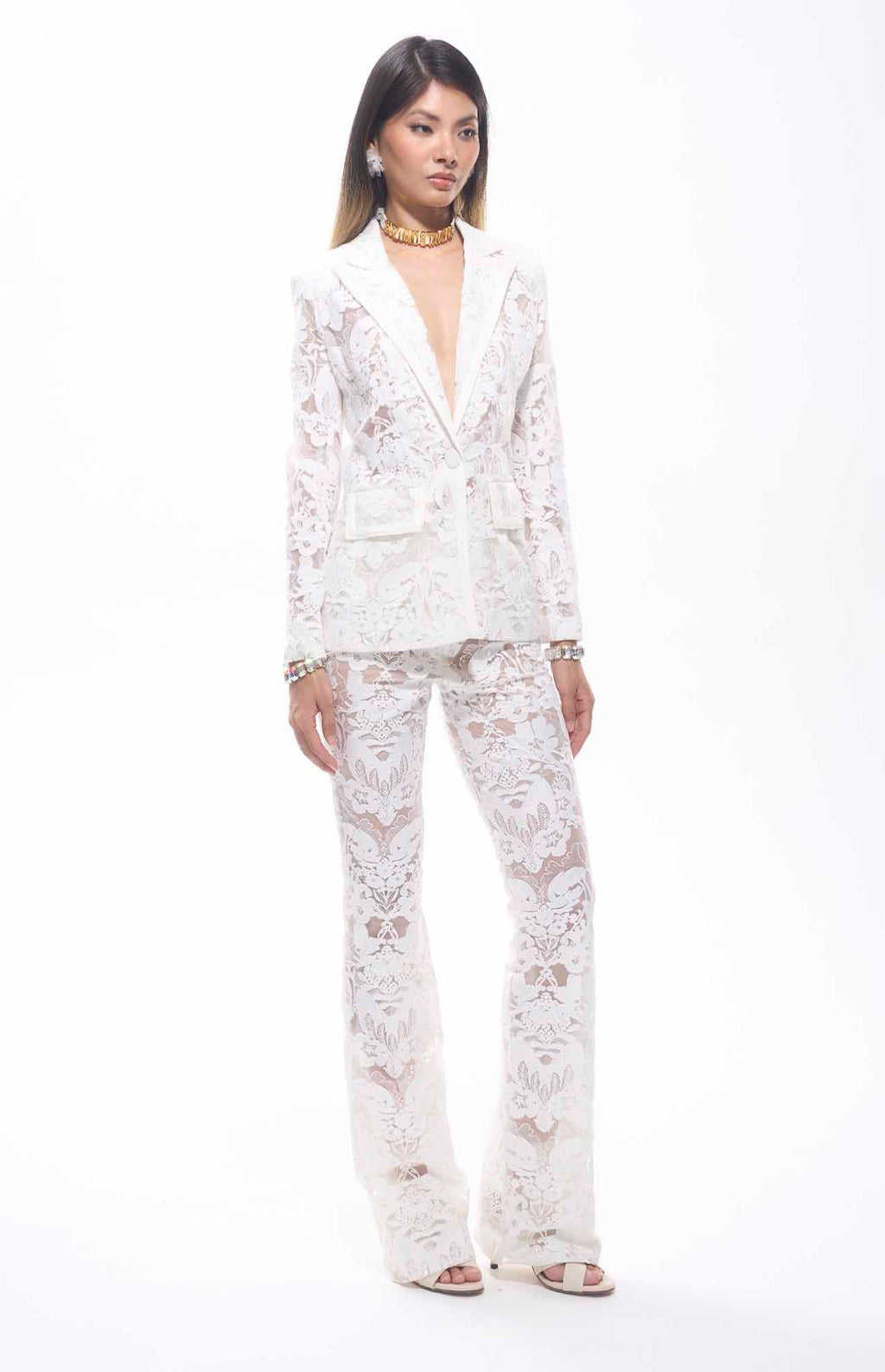 Carie Sequin Floral Lace Set White