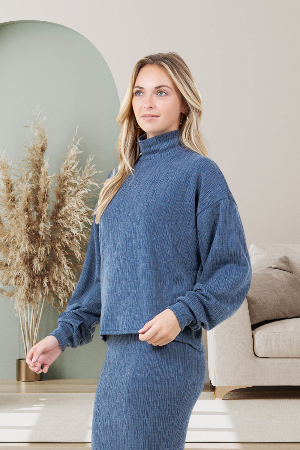 Alina Long Sleeve Midi Skirt Set | Blue
