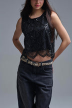 Chic Black Sequin Cropped Top