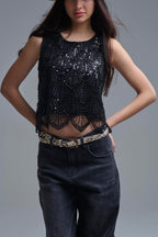Chic Black Sequin Cropped Top
