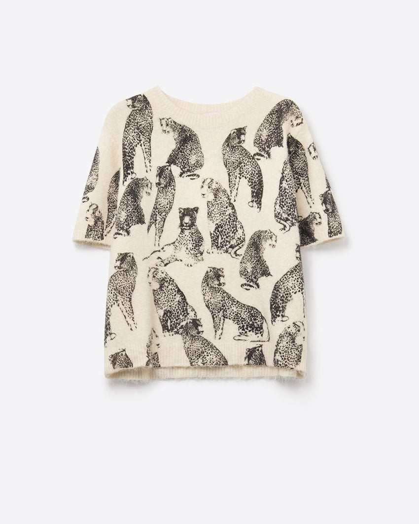Chic Cream Animal-Print Short-Sleeve Sweater