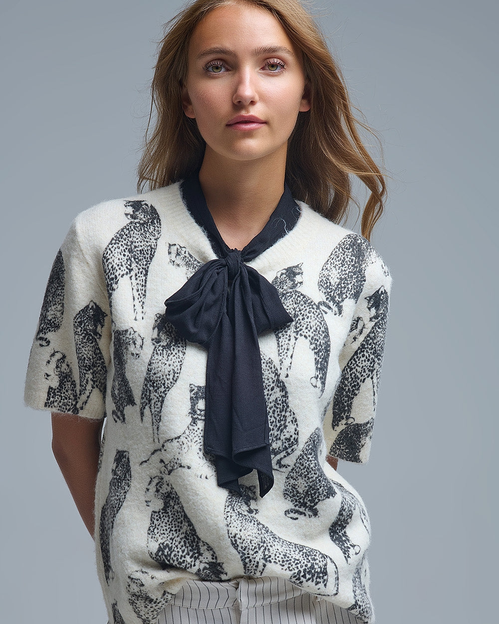 Chic Cream Animal-Print Short-Sleeve Sweater